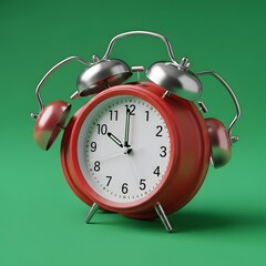 A classic red alarm clock with twin bells and metal handle set against a vibrant green background, showcasing a retro design and precise time display