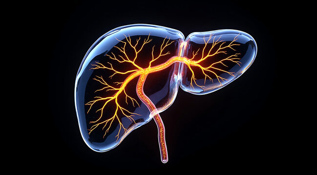 Transparent human liver with glowing orange vascular system, showing detailed blood vessels and bile ducts in futuristic style
