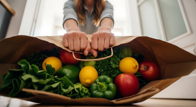 A person's hands reach down to hold the handles of a brown paper bag overflowing with fresh, colorful fruits and vegetables, like apples, lemons, and bell peppers.