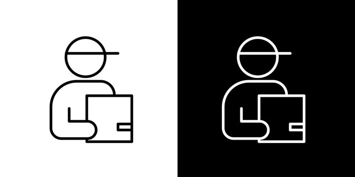 Delivery Person Holding Package Line Art Icon Vector. Professional Courier Service and Shipping Logistics Symbol for Online Order and Express Mail