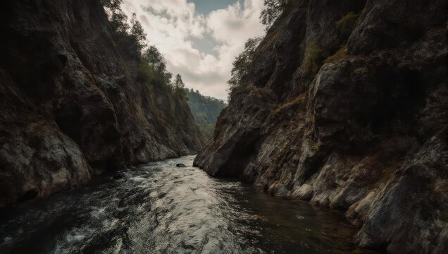 Majestic River Flows Through a Rugged Mountain Gorge with Lush Greenery.