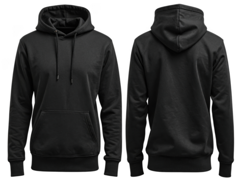 Black hoodie mockup with kangaroo pocket, front and back view. Isolated on transparent background.