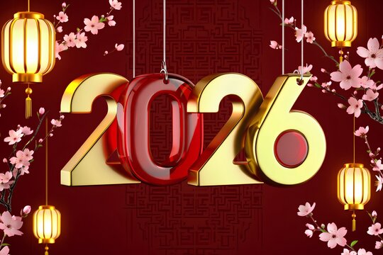 Festive 2026 new year celebration with golden numbers and traditional asian decor like lanterns, blending modern and cultural holiday themes