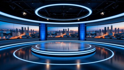Modern news studio with cityscape backdrop at dusk