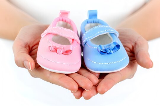Gender reveal concept with pairs of pink and blue baby shoes held in caring hands, announcing it's a boy or girl for baby shower invitations
