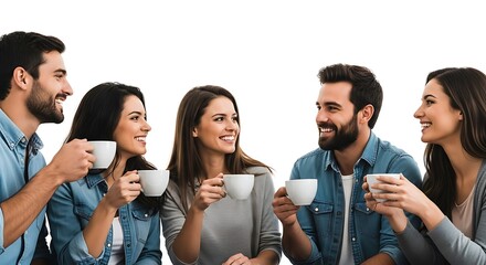 A group of five smiling young adults sitting together, laughing and talking while holding and enjoying white mugs of coffee or tea.