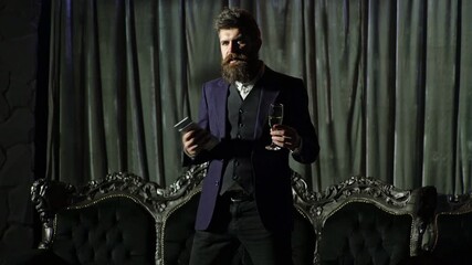 Dramatic portrait of man with money. Criminal boss with champagne and cash. Rich man in dark vintage room. Rich gangster style character. Classic film scene with man and cash. Crime boss vibe.