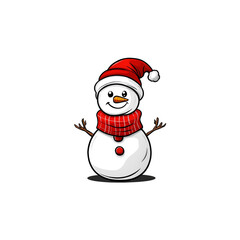 Snowman with striped scarf and hat in snowfall on winter field