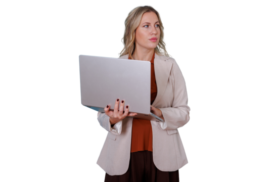 Professional woman holding laptop, concentrating on work, standing with smart business attire, transparent background - Powered by Adobe