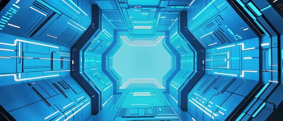 Futuristic Glowing Corridor, Sci-Fi Space Tunnel, Digital Render, Cyberpunk Environment, Low-Angle Viewpoint, Neon Blue Concept for SEO - Powered by Adobe