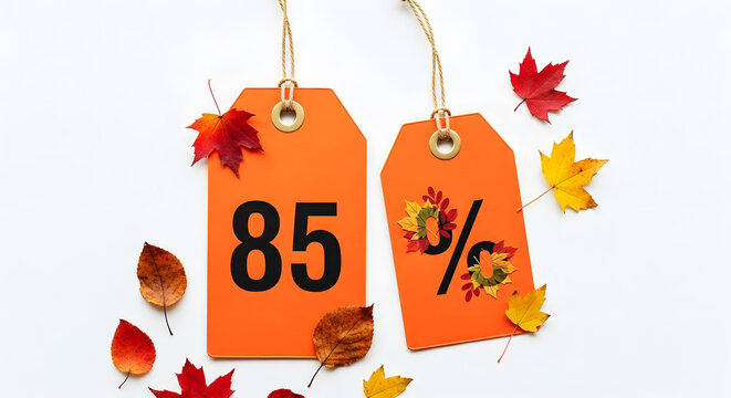 Orange Price Tags With 85 Percent Off Discount And Autumn Leaves sale offer