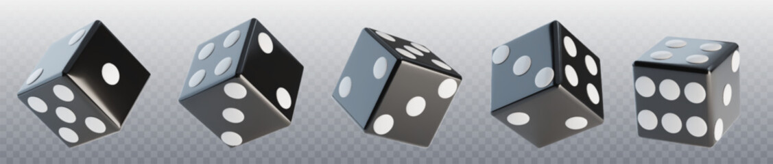 Fototapeta premium 3D dice set with random numbers isolated on transparent background. Vector realistic illustration of black cubes with white dots for board games, casino, poker, gambling business, symbol of luck