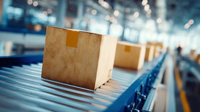 Boxes on the Conveyor Belt: A sequence of cardboard boxes, precisely aligned on an industrial conveyor belt.