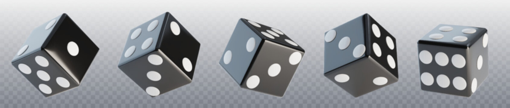 3D dice set with random numbers isolated on transparent background. Vector realistic illustration of black cubes with white dots for board games, casino, poker, gambling business, symbol of luck