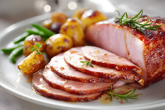 Hyper-Realistic Cuisine Photography of Glazed Ham Served with Roasted Potatoes and Fresh Green Beans on Plate
