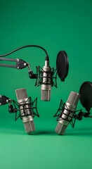 A professional recording studio setup with three microphones and pop filters arranged against a vibrant green background for podcasting or broadcasting purposes