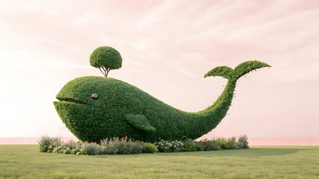 Whimsical green topiary whale with lush foliage and blooming garden accents set against a soft pastel pink sky