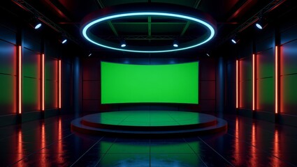 Futuristic studio with green screen and neon lighting