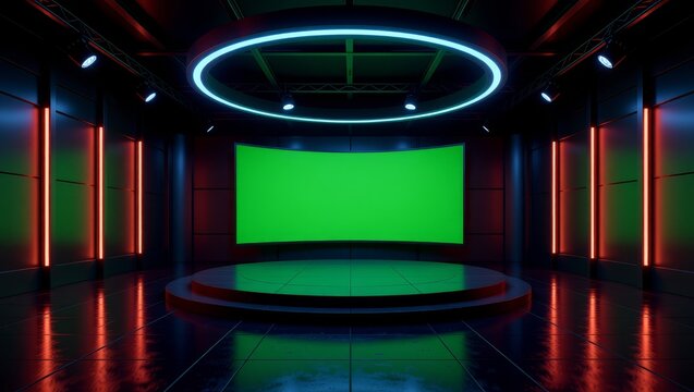 Futuristic studio with green screen and neon lighting