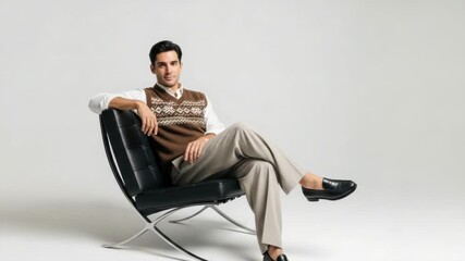 Confident male adult caucasian in a stylish sweater vest and smart trousers. He sits comfortably in a modern chair, exuding a relaxed yet professional demeanor