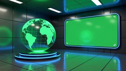 Futuristic control room with glowing globe and green screen