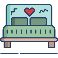 Flat design illustration of a light blue bed with a red heart symbol and green pillows against a white background ideal for romantic themes