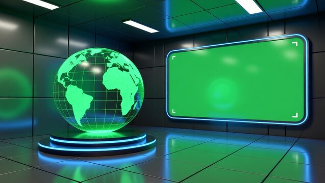 Futuristic control room with glowing globe and green screen - Powered by Adobe