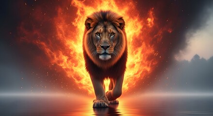 A majestic lion walking forward with a fiery background and dramatic lighting creating a powerful and intense visual effect