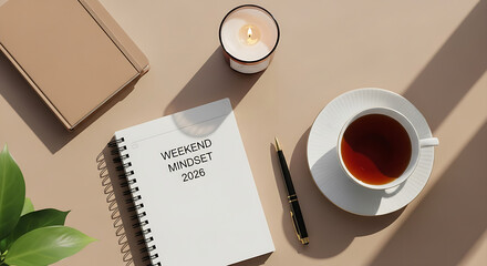 Inspirational flat lay with a notebook, pen, and tea, emphasizing the importance of setting goals and achieving a healthy 'WEEKEND MINDSET' for the new year 2026.