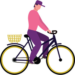 Obraz premium Flat design illustration of a man wearing a pink shirt and purple pants riding a bicycle with a yellow basket on the back wheel and a purple cap on his head against a white background