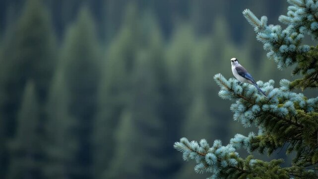 A wild canada jay perches on a blue spruce branch against a blurred forest backdrop. This cinematic sequence shows the small bird observing its natural surroundings