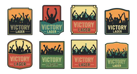Victory lager badges with cheering crowd and beer mugs
