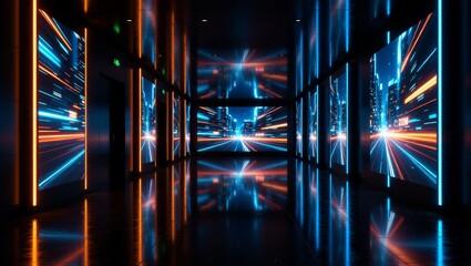 Futuristic corridor with neon cityscape displays