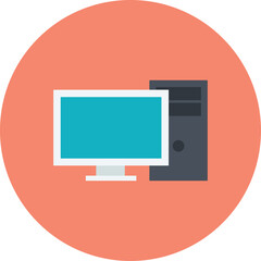 Flat Design Icon Of A Desktop Computer With A Monitor And Tower Unit On A Coral Circle Background With A Transparent Background