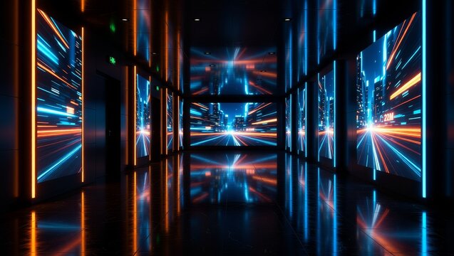 Futuristic corridor with neon cityscape displays