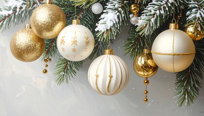Elegant Christmas Ornaments and Snowy Pine Branches for Festive Decor.