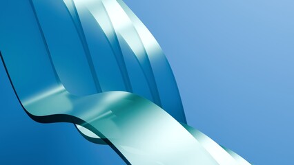 Abstract wavy curved 3d render. Blue soft layers of glass plastic with lines, folds, ruffles. Modern wallpaper, texture pattern.