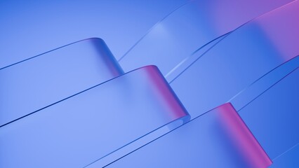 Abstract wavy curved 3d render. Blue soft layers of glass plastic with lines, folds, ruffles. Modern wallpaper, texture pattern.