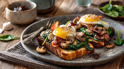 Toast topped with spinach bacon mushrooms and a fried egg on a gray plate with a fork and knife