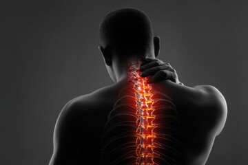 Male figure with visible spine column illustration, showcasing human anatomy. Back, neck lumbar pain relief techniques, spinal health in daily life. Man with red orange back pain sign digital overlay.