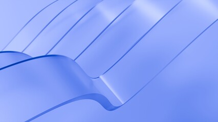 Abstract wavy curved 3d render. Blue soft layers of glass plastic with lines, folds, ruffles. Modern wallpaper, texture pattern.