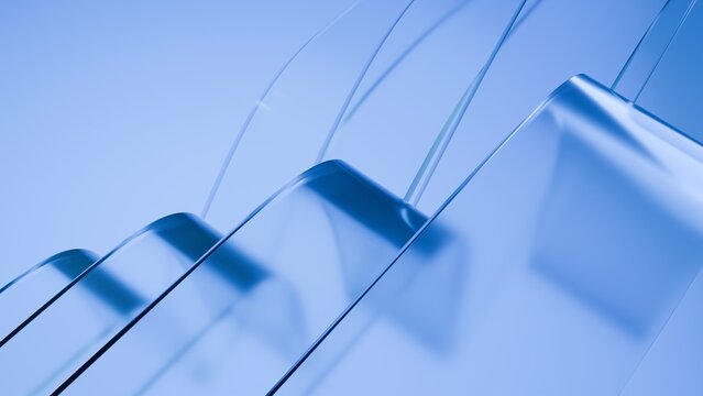 Abstract wavy curved 3d render. Blue soft layers of glass plastic with lines, folds, ruffles. Modern wallpaper, texture pattern. - Powered by Adobe