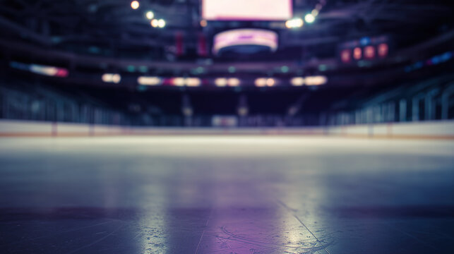 An empty hockey rink with blurred stands, evoking a quiet and atmospheric sports setting. event key visuals, club posters, designed for sports event promotions and stadium branding.