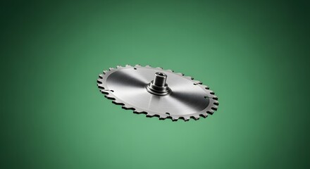 A metallic circular saw blade with sharp teeth and central mounting hub placed on a green background, used in woodworking and construction projects