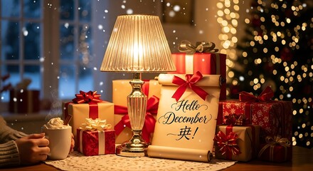 A cozy indoor scene with a person holding a warm drink, surrounded by festive gift boxes, a lit lamp, and a "Hello December!" scroll, with a snowy window and Christmas tree in the background.