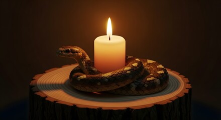 A lit candle surrounded by a coiled snake on a wooden surface creates a mysterious and atmospheric scene with warm lighting and dark background