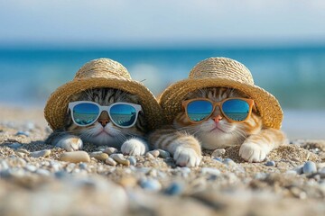 Two cute cats relax on the beach wearing straw hats and sunglasses near the ocean. Vacations and beach holidays.