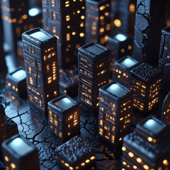 Miniature cityscape dark modern with glowing lights and cracked ground