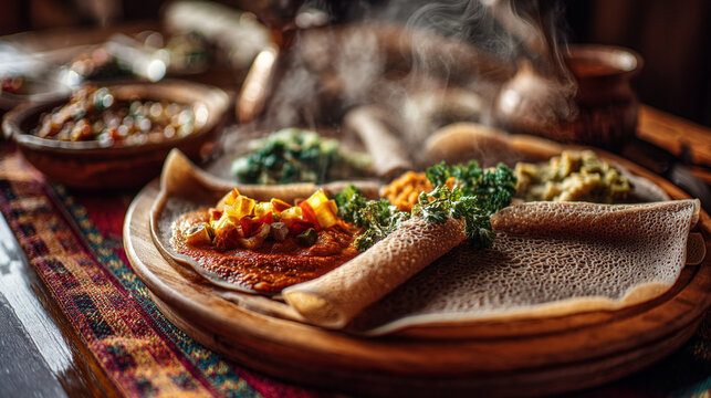 A steaming ethiopian platter with injera bread and various stews served on a wooden tray with a cloth