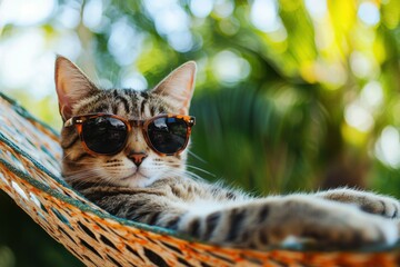 Cute tabby cat lounging in a hammock wearing sunglasses on a sunny day. Vacation and recreation concept. 